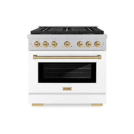 ZLINE Autograph Edition 36 in. 5.2 cu. ft. Paramount Gas Range with 6 Burner DuoPro™ Cooktop and Convection Gas Oven in Satin Stainless Steel with White Matte Door and Champagne Bronze Accents (PSGRSZ-WM-36-CB)