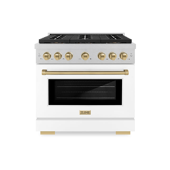 ZLINE Autograph Edition 36 in. 5.2 cu. ft. Paramount Gas Range with 6 Burner DuoPro™ Cooktop and Convection Gas Oven in Satin Stainless Steel with White Matte Door and Champagne Bronze Accents (PSGRSZ-WM-36-CB)