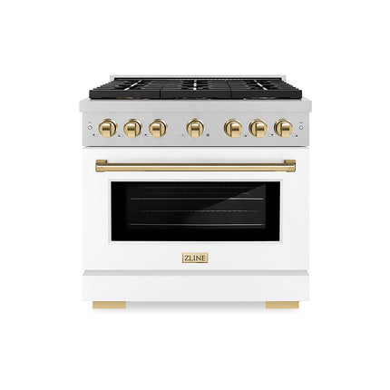ZLINE Autograph Edition 36 in. 5.2 cu. ft. Paramount Gas Range with 6 Burner DuoPro™ Cooktop and Convection Gas Oven in Satin Stainless Steel with White Matte Door and Polished Gold Accents (PSGRSZ-WM-36-G)