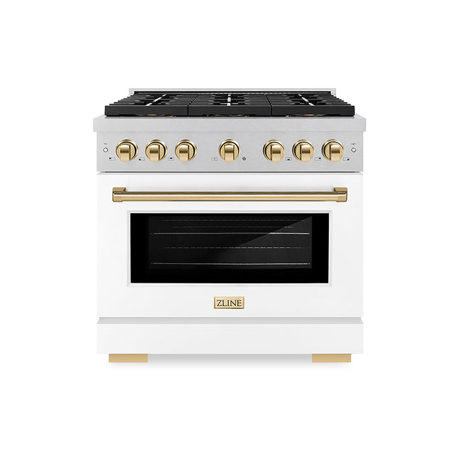 ZLINE Autograph Edition 36 in. 5.2 cu. ft. Paramount Gas Range with 6 Burner DuoPro™ Cooktop and Convection Gas Oven in Satin Stainless Steel with White Matte Door and Polished Gold Accents (PSGRSZ-WM-36-G)