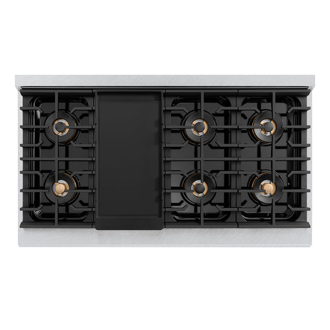 ZLINE Autograph Edition 48 in. 6.7 cu. ft. Paramount Gas Range with 8 Burner DuoPro™ Cooktop and Dual Ovens in Satin Stainless Steel with White Matte Doors and Champagne Bronze Accents (PSGRSZ-WM-48-CB)