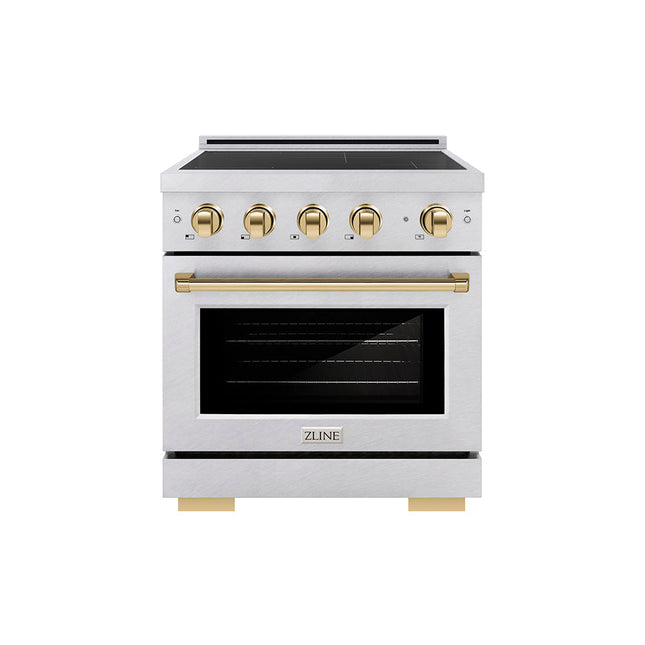 ZLINE Autograph Edition 30 in. 4.2 cu. ft. Paramount Induction Range with 4 Element Cooktop and Electric Convection Oven in Satin Stainless Steel with Polished Gold Accents (SINRSZ-30-G)