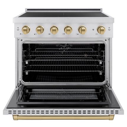 ZLINE Autograph Edition 36 in. 5.2 cu. ft. Paramount Induction Range with 5 Element Cooktop and Electric Convection Oven in Satin Stainless Steel with Champagne Bronze Accents (SINRSZ-36-CB)