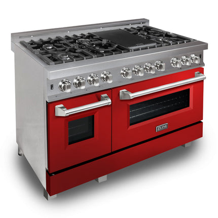 ZLINE 30 in. 4.0 cu. ft. Legacy Dual Fuel Range with 4 Burner Gas Cooktop and Electric Convection Oven in Satin Stainless Steel and Red Matte Door (RAS-RM-30)