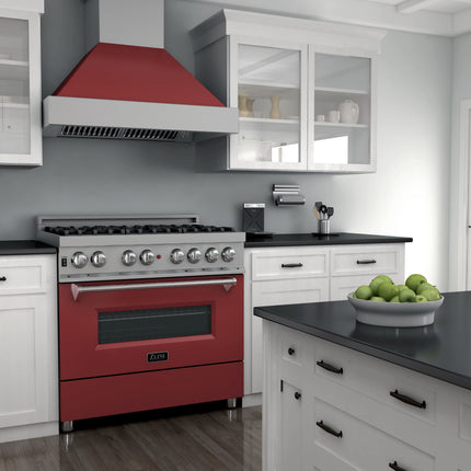 ZLINE 36 in. 4.6 cu. ft. Legacy Dual Fuel Range with 6 Burner Gas Cooktop and Electric Convection Oven in Satin Stainless Steel and Red Matte Door (RAS-RM-36)