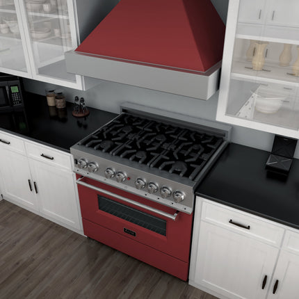 ZLINE 36 in. 4.6 cu. ft. Legacy Dual Fuel Range with 6 Burner Gas Cooktop and Electric Convection Oven in Satin Stainless Steel and Red Matte Door (RAS-RM-36)