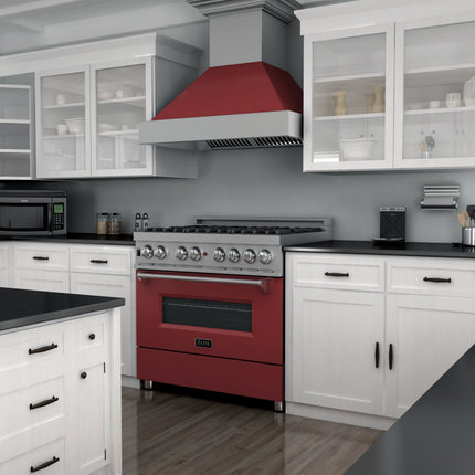 ZLINE 36 in. 4.6 cu. ft. Legacy Dual Fuel Range with 6 Burner Gas Cooktop and Electric Convection Oven in Satin Stainless Steel and Red Matte Door (RAS-RM-36)