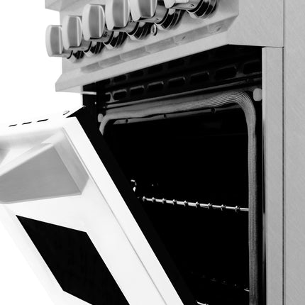 ZLINE 24 in. 2.8 cu. ft. Legacy Dual Fuel Range with 4 Burner Gas Cooktop and Electric Convection Oven in Satin Stainless Steel and White Matte Door (RAS-WM-24)