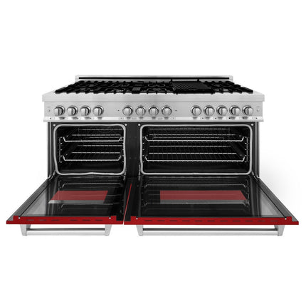 ZLINE 60 in. 7.4 cu. ft. Legacy Dual Fuel Range with 9 Burner Gas Cooktop and 2 Electric Convection Ovens in Stainless Steel and Red Gloss Doors (RA-RG-60)