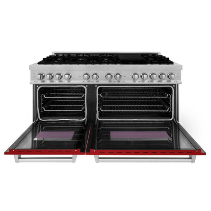 ZLINE 60 in. 7.4 cu. ft. Legacy Dual Fuel Range with 9 Burner Gas Cooktop and 2 Electric Convection Ovens in Satin Stainless Steel and Red Gloss Doors (RAS-RG-60)