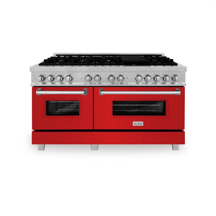 ZLINE 60 in. 7.4 cu. ft. Legacy Dual Fuel Range with 9 Burner Gas Cooktop and 2 Electric Convection Ovens in Satin Stainless Steel and Red Matte Doors (RAS-RM-60)