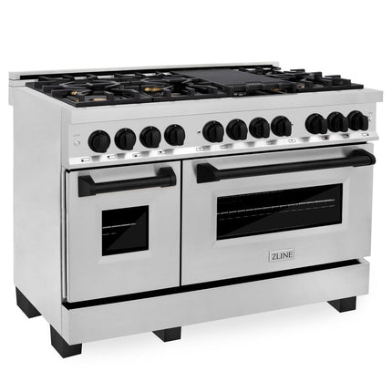 ZLINE Autograph Edition 48 in. Kitchen Package with Stainless Steel Dual Fuel Range, Range Hood, Dishwasher and Refrigeration Including External Water Dispenser with Matte Black Accents (4AKPR-RARHDWM48-MB)