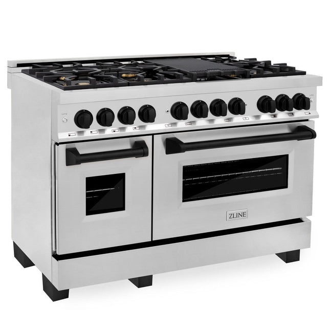 ZLINE Autograph Edition 48 in. Kitchen Package with Stainless Steel Dual Fuel Range, Range Hood, Dishwasher and Refrigeration Including External Water Dispenser with Matte Black Accents (4AKPR-RARHDWM48-MB)