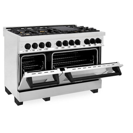 ZLINE Autograph Edition 48 in. Kitchen Package with Stainless Steel Dual Fuel Range, Range Hood, Dishwasher and Refrigeration Including External Water Dispenser with Matte Black Accents (4AKPR-RARHDWM48-MB)