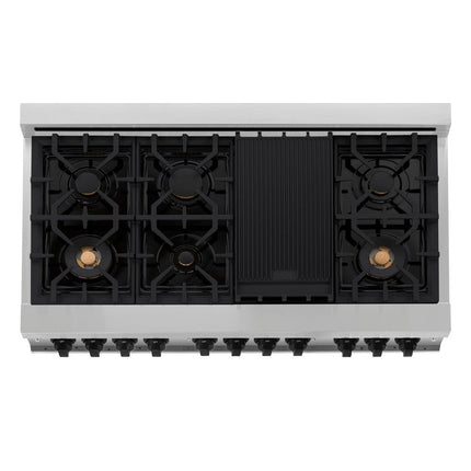 ZLINE Autograph Edition 48 in. Kitchen Package with Stainless Steel Dual Fuel Range, Range Hood, Dishwasher and Refrigeration Including External Water Dispenser with Matte Black Accents (4AKPR-RARHDWM48-MB)
