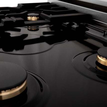 ZLINE Autograph Edition 36 in. Kitchen Package with Stainless Steel Dual Fuel Range with White Matte Door and Range Hood with Polished Gold Accents (2AKP-RAWMRH36-G)