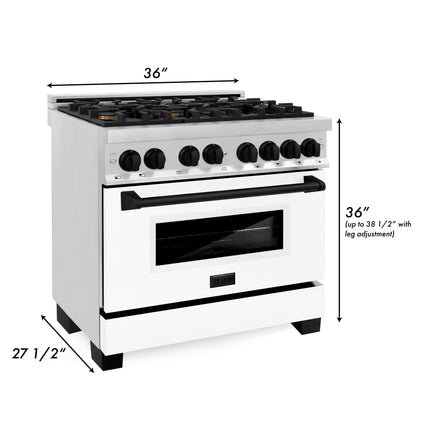 ZLINE Autograph Edition 36 in. Kitchen Package with Stainless Steel Dual Fuel Range with White Matte Door and Range Hood with Matte Black Accents (2AKP-RAWMRH36-MB)