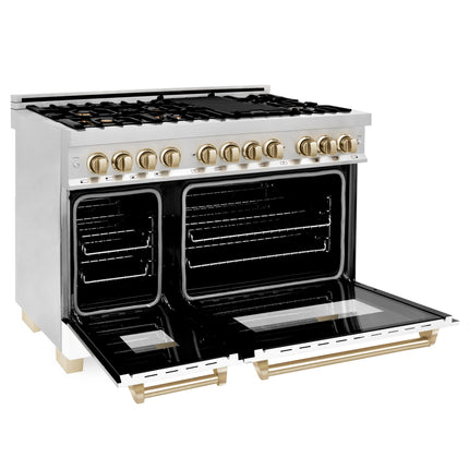ZLINE 48 in. Autograph Edition Kitchen Package with Stainless Steel Dual Fuel Range with White Matte Door, Range Hood and Dishwasher with Polished Gold  Accents (3AKP-RAWMRHDWM48-G)