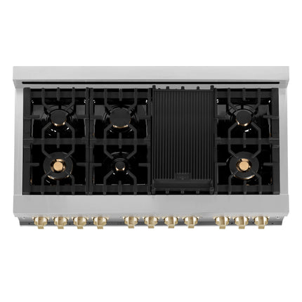 ZLINE Autograph Edition 48 in. Kitchen Package with Stainless Steel Dual Fuel Range with White Matte Door and Range Hood with Polished Gold Accents (2AKP-RAWMRH48-G)