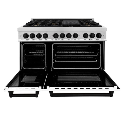 ZLINE Autograph Edition 48 in. 6.0 cu. ft. Legacy Dual Fuel Range with 7 Burner Gas Cooktop and 2 Electric Ovens in Stainless Steel with White Matte Doors and Matte Black Accents (RAZ-WM-48-MB)