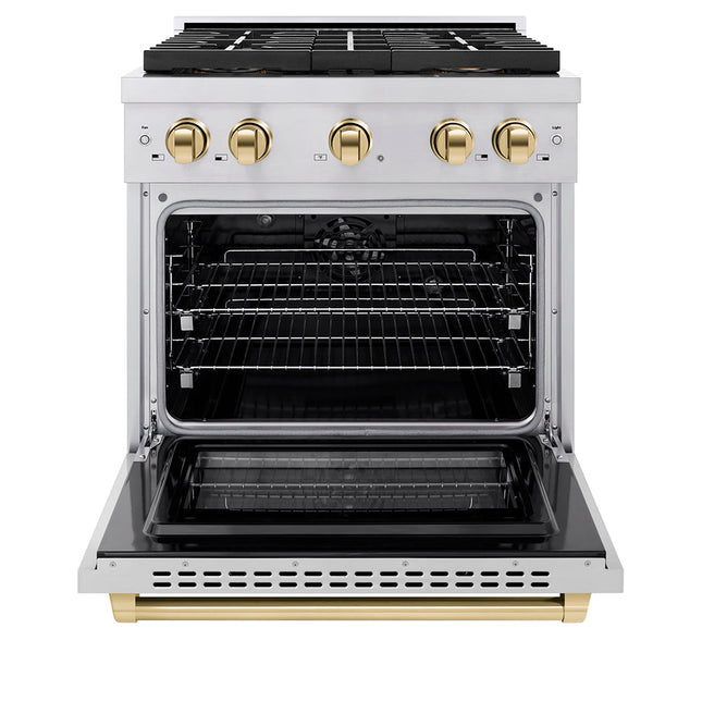 ZLINE Autograph Edition 30 in. 4.2 cu. ft. Paramount Dual Fuel Range with 4 Burner DuoPro™ Cooktop and Electric Convection Oven in Stainless Steel with Polished Gold Accents (PSDRZ-30-G)