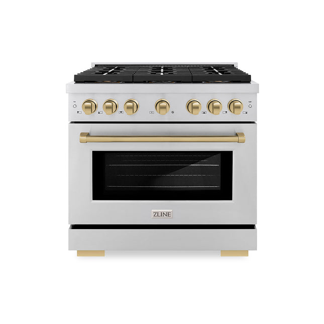 ZLINE Autograph Edition 36 in. 5.2 cu. ft. Paramount Dual Fuel Range with 6 Burner DuoPro™ Cooktop and Electric Convection Oven in Stainless Steel and Champagne Bronze Accents (PSDRZ-36-CB)