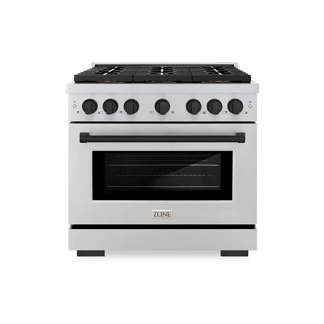 ZLINE Autograph Edition 36 in. 5.2 cu. ft. Paramount Dual Fuel Range with 6 Burner DuoPro™ Cooktop and Electric Convection Oven in Stainless Steel and Matte Black Accents (PSDRZ-36-MB)