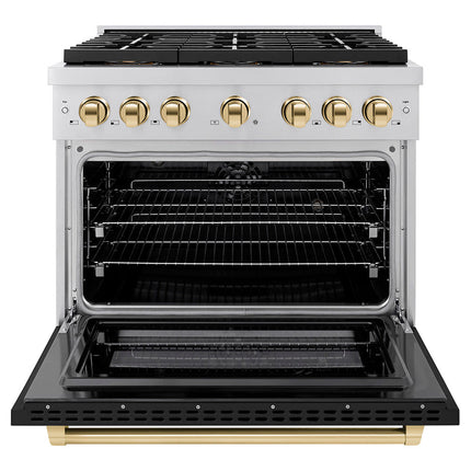 ZLINE Autograph Edition 36 in. 5.2 cu. ft. Paramount Dual Fuel Range with 6 Burner DuoPro™ Cooktop and Electric Convection Oven with Black Matte Door and Polished Gold Accents (PSDRZ-BLM-36-G)