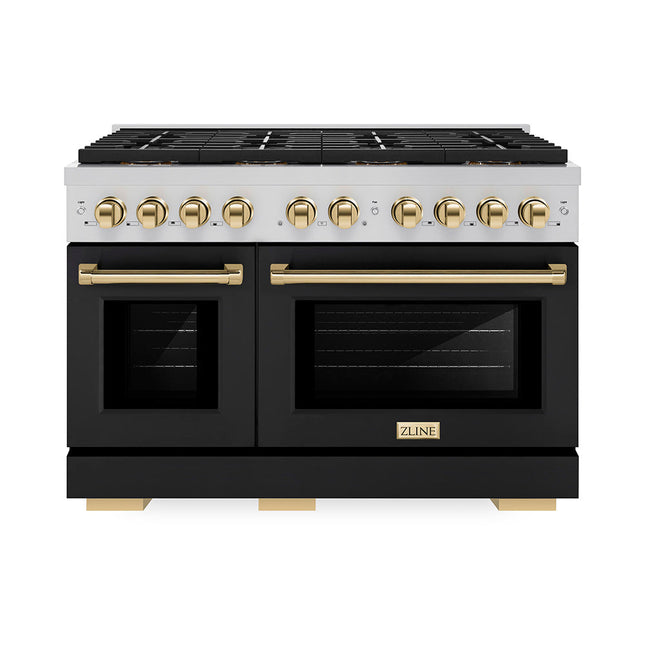 ZLINE Autograph Edition 48 in. 6.7 cu. ft. Paramount Dual Fuel Range with 8 Burner DuoPro™ Cooktop and Dual Ovens with Black Matte Doors and Polished Gold Accents (PSDRZ-BLM-48-G)