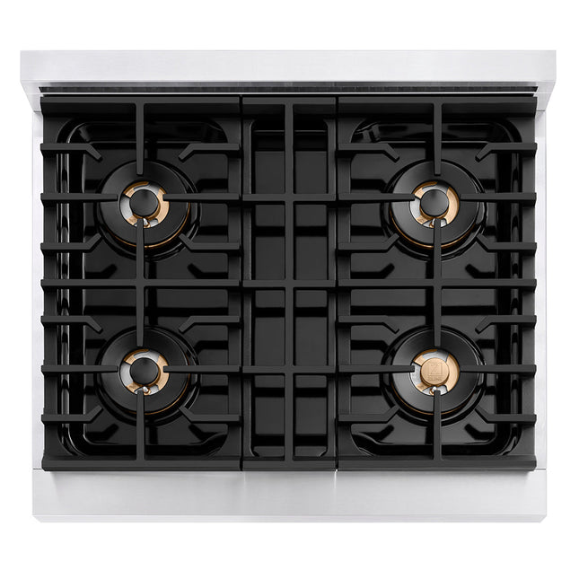 ZLINE Autograph Edition 30 in. 4.2 cu. ft. Paramount Dual Fuel Range with 4 Burner DuoPro™ Cooktop and Electric Convection Oven in Stainless Steel with White Matte Door and Matte Black Accents (PSDRZ-WM-30-MB)