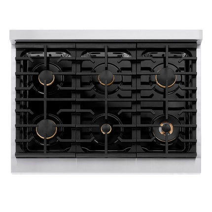ZLINE Autograph Edition 36 in. 5.2 cu. ft. Paramount Dual Fuel Range with 6 Burner Gas Cooktop and Electric Convection Oven in Stainless Steel with Polished Gold Helix Handle and Knob Accents (SDRZ-36-KG)