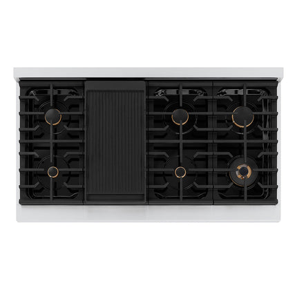 ZLINE Autograph Edition 48 in. 6.7 cu. ft. Paramount Double Oven Dual Fuel Range with 8 Burner Gas Cooktop in Stainless Steel and Champagne Bronze Helix Handles and Knob Accents (SDRZ-48-KCB)