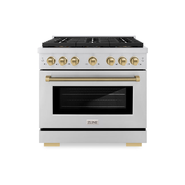 ZLINE Autograph Edition 36 in. 5.2 cu. ft. Paramount Dual Fuel Range with 6 Burner DuoPro™ Cooktop and Electric Convection Oven in Stainless Steel with Champagne Bronze Helix Handle and Accents (PSDRZ-36-KCB)