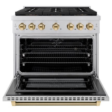 ZLINE Autograph Edition 36 in. 5.2 cu. ft. Paramount Dual Fuel Range with 6 Burner DuoPro™ Cooktop and Electric Convection Oven in Stainless Steel with Polished Gold Helix Handle and Accents (PSDRZ-36-KG)