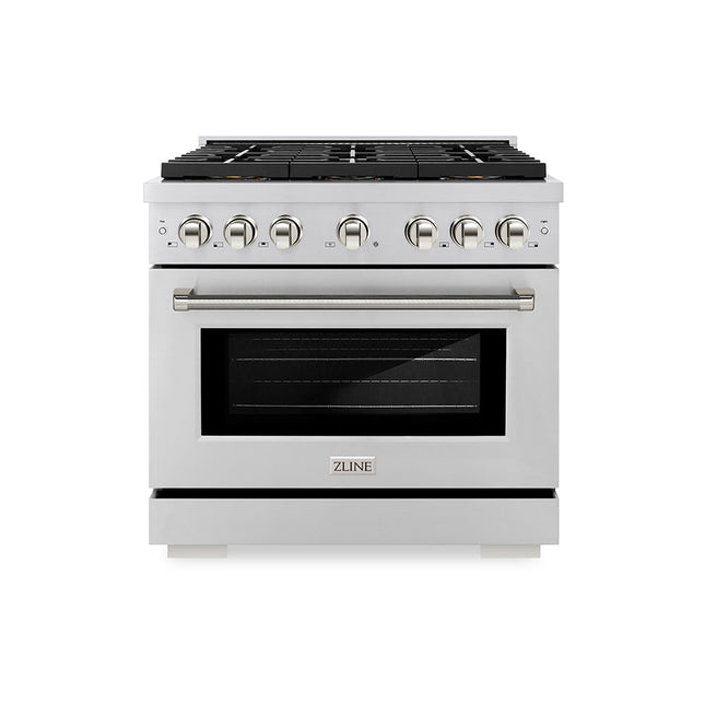 ZLINE Autograph Edition 36 in. 5.2 cu. ft. Paramount Dual Fuel Range with 6 Burner DuoPro™ Cooktop and Electric Convection Oven in Stainless Steel with Polished Nickel Helix Handle and Accents (PSDRZ-36-KPN)
