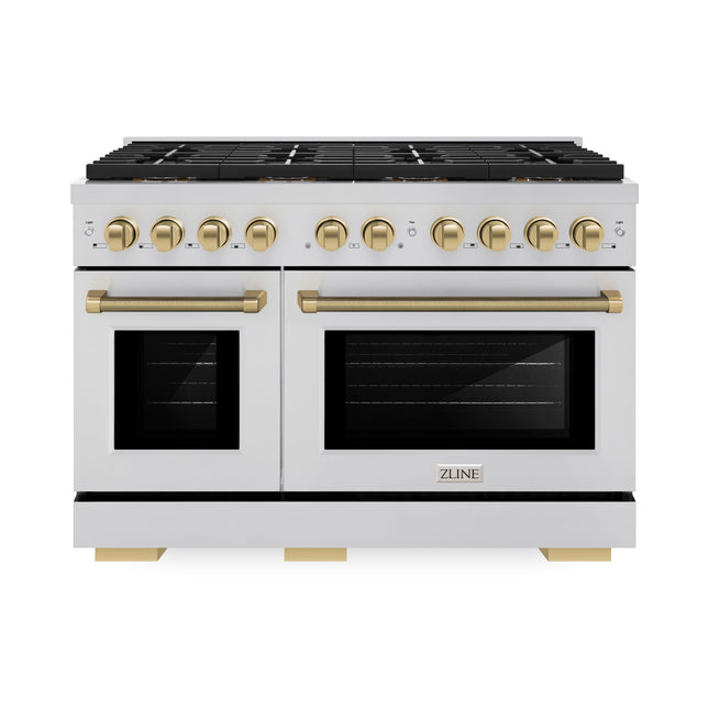 ZLINE Autograph Edition 48 in. 6.7 cu. ft. Paramount Dual Fuel Range with 8 Burner DuoPro™ Cooktop and Dual Ovens in Stainless Steel with Champagne Bronze Helix Handles and Accents (PSDRZ-48-KCB)