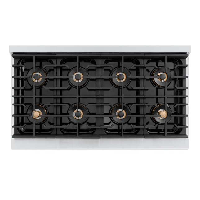 ZLINE Autograph Edition 48 in. 6.7 cu. ft. Paramount Dual Fuel Range with 8 Burner DuoPro™ Cooktop and Dual Ovens in Stainless Steel with Polished Gold Helix Handles and Accents (PSDRZ-48-KG)