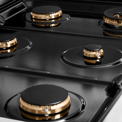 ZLINE Autograph Edition 36 in. 5.2 cu. ft. Paramount Gas Range with 6 Burner Cooktop and Convection Gas Oven in Stainless Steel with Champagne Bronze Helix Handle and Knob Accents (SGRZ-36-KCB)