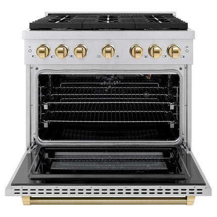 ZLINE Autograph Edition 36 in. 5.2 cu. ft. Paramount Gas Range with 6 Burner Cooktop and Convection Gas Oven in Stainless Steel with Polished Gold Helix Handle and Knob Accents (SGRZ-36-KG)