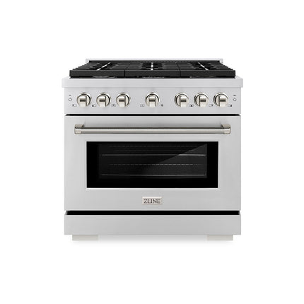 ZLINE Autograph Edition 36 in. 5.2 cu. ft. Paramount Gas Range with 6 Burner Cooktop and Convection Gas Oven in Stainless Steel with Polished Nickel Helix Handle and Knob Accents (SGRZ-36-KPN)