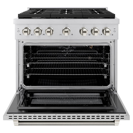ZLINE Autograph Edition 36 in. 5.2 cu. ft. Paramount Gas Range with 6 Burner Cooktop and Convection Gas Oven in Stainless Steel with Polished Nickel Helix Handle and Knob Accents (SGRZ-36-KPN)