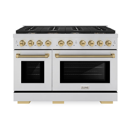 ZLINE Autograph Edition 48 in. 6.7 cu. ft. Paramount Double Oven Gas Range with 8 Burner Cooktop in Stainless Steel and Champagne Bronze Helix Handles and Knob Accents (SGRZ-48-KCB)