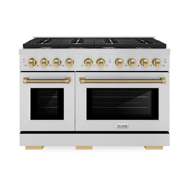 ZLINE Autograph Edition 48 in. 6.7 cu. ft. Paramount Double Oven Gas Range with 8 Burner Cooktop in Stainless Steel and Champagne Bronze Helix Handles and Knob Accents (SGRZ-48-KCB)