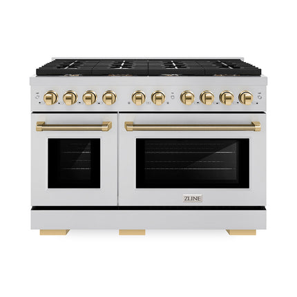 ZLINE Autograph Edition 48 in. 6.7 cu. ft. Paramount Double Oven Gas Range with 8 Burner Cooktop in Stainless Steel and Polished Gold Helix Handles and Knob Accents (SGRZ-48-KG)