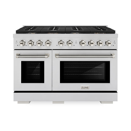 ZLINE Autograph Edition 48 in. 6.7 cu. ft. Paramount Double Oven Gas Range with 8 Burner Cooktop in Stainless Steel and Polished Nickel Helix Handles and Knob Accents (SGRZ-48-KPN)