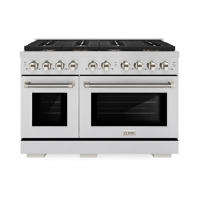 ZLINE Autograph Edition 48 in. 6.7 cu. ft. Paramount Double Oven Gas Range with 8 Burner Cooktop in Stainless Steel and Polished Nickel Helix Handles and Knob Accents (SGRZ-48-KPN)