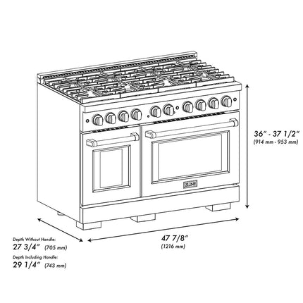 ZLINE Autograph Edition 48 in. 6.7 cu. ft. Paramount Dual Fuel Range with 8 Burner DuoPro™ Cooktop and Dual Ovens in Satin Stainless Steel with Black Matte Doors and Polished Gold Accents (PSDRSZ-BLM48-G)