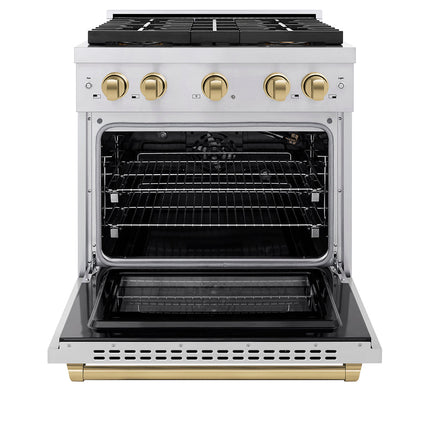 ZLINE Autograph Edition 30 in. 4.2 cu. ft. Paramount Gas Range with 4 Burner DuoPro™ Cooktop and Convection Gas Oven in Stainless Steel with Champagne Bronze Accents (PSGRZ-30-CB)
