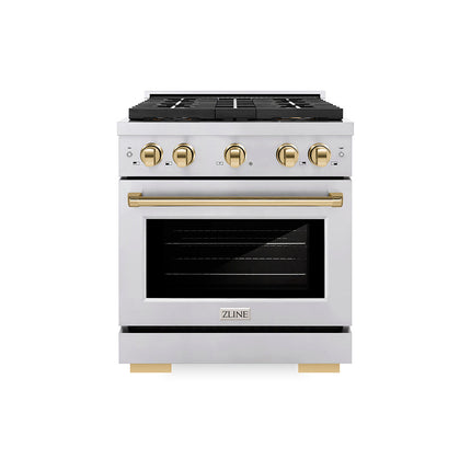 ZLINE Autograph Edition 30 in. 4.2 cu. ft. Paramount Gas Range with 4 Burner DuoPro™ Cooktop and Convection Gas Oven in Stainless Steel with Polished Gold Accents (PSGRZ-30-G)