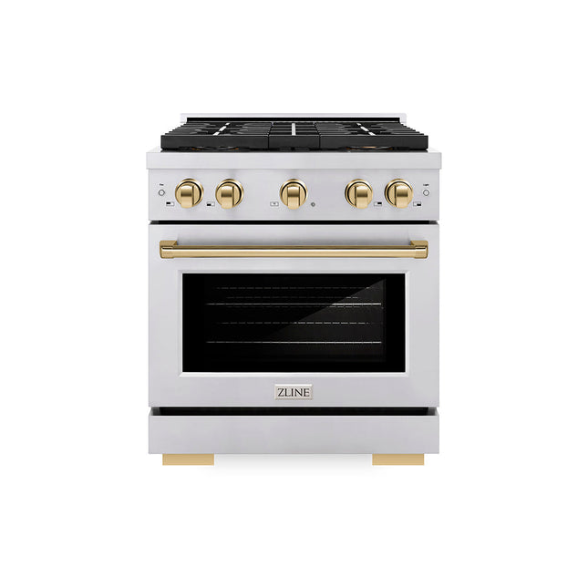 ZLINE Autograph Edition 30 in. 4.2 cu. ft. Paramount Gas Range with 4 Burner DuoPro™ Cooktop and Convection Gas Oven in Stainless Steel with Polished Gold Accents (PSGRZ-30-G)